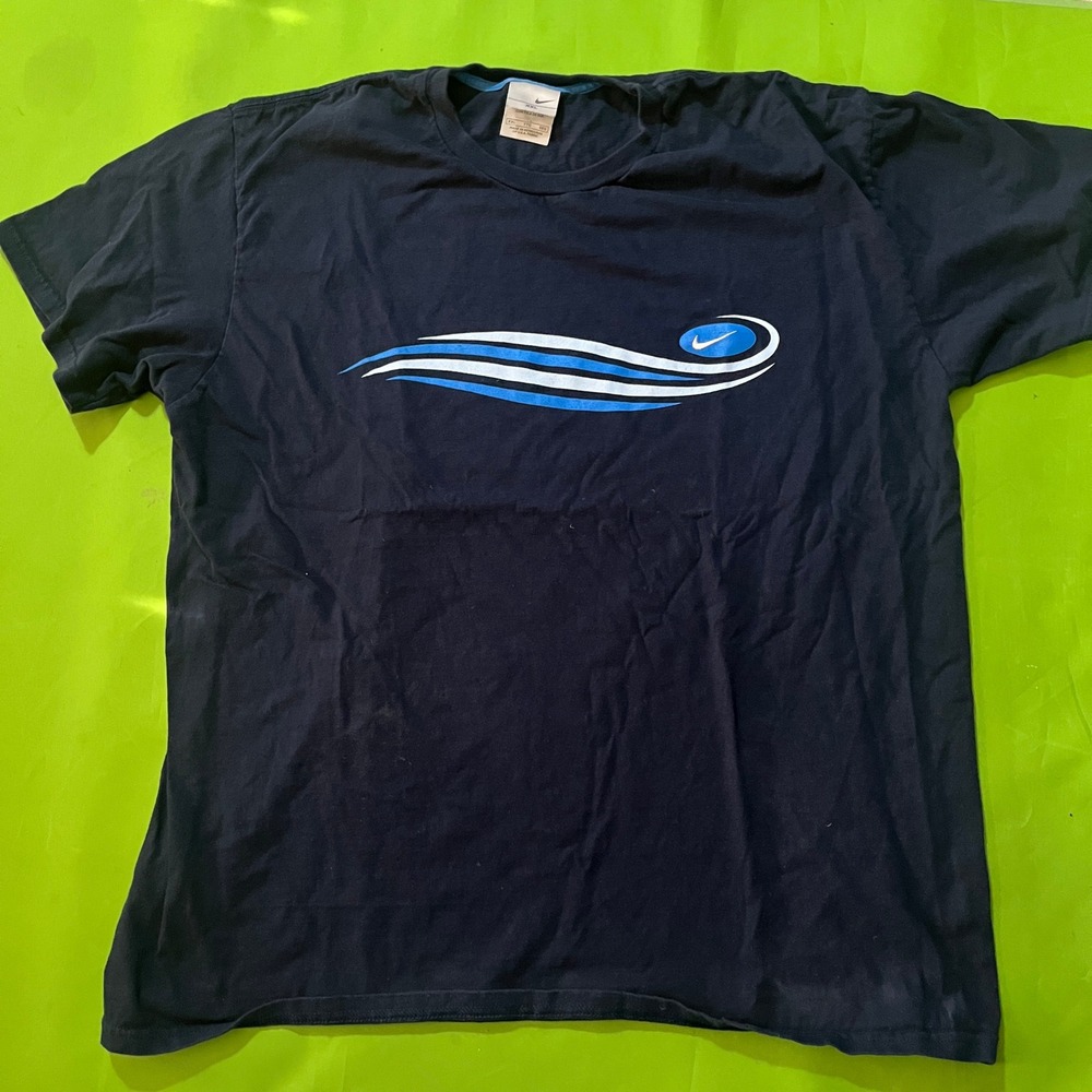 VTG Y2K Nike Shirt Mens XXL Navy‎ Blue Swoosh Wave Short Sleeve Crew Neck Tee